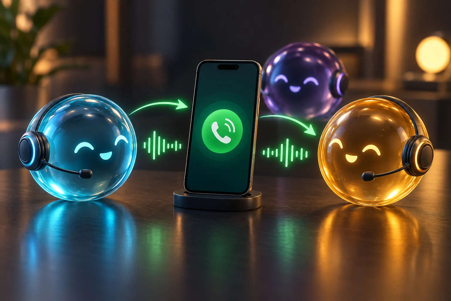 Agentura glass-orb agents wearing headsets beside a phone, with green arrows showing incoming and outgoing WhatsApp voice calls.